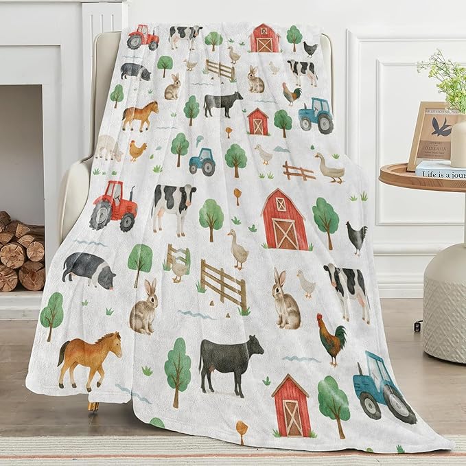 Farmhouse Blanket Cute Farm Pattern with Cow Horse Tractor and Barn Throw Blankets Lightweight Flannel Throws for Camping Couch Office Bed Country Home Decor Gifts for Adults,60x50inch