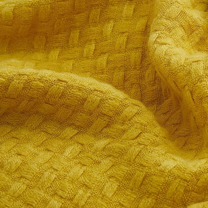 100% Acrylic Decorative Knitted Throw Blanket with Tassels for Bed, Couch, Small, Sofa, Lightweight, Soft, Cozy, Waffle Textured Blanket, Suitable for Spring, Summer, Yellow, 50"x60"