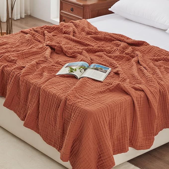Love's cabin 100% Cotton Muslin Blanket, 6 Layer Lightweight Breathable Gauze Queen Size Blanket 90 x 90 Inches, Soft All Season Blanket for Bed, Orange