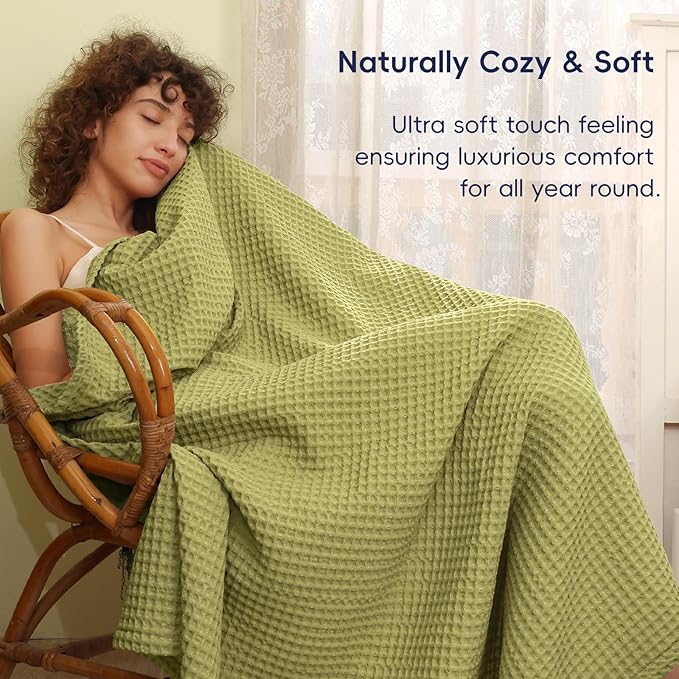 PHF Ultra Soft Waffle Weave Blanket Queen Size 90"x 90"- Washed Lightweight Breathable Cozy Woven Blanket for Bed - Aesthetic Decor for Couch Bedding Sofa Home Car - Olive Green
