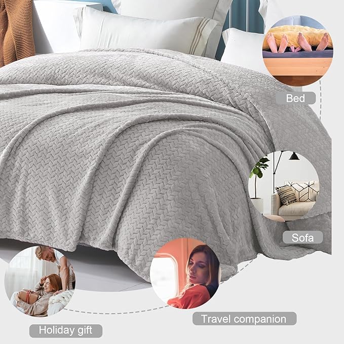 Exclusivo Mezcla Fleece Throw Blanket for Couch and Bed, 50x70 Inches Soft Cozy Jacquard Flannel Blankets, Lightweight Fuzzy Plush Warm Throws for Women, Light Grey