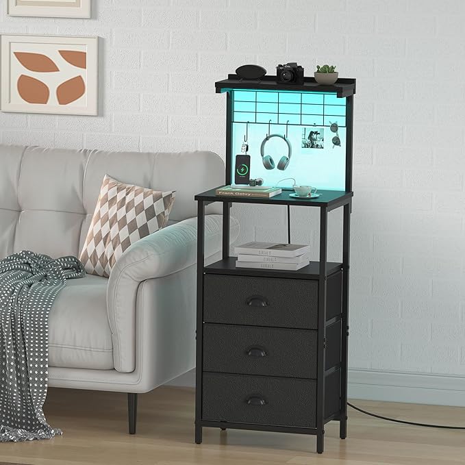 Bedside Tall Nightstands with Charging Station, LED Bedside Table for Bedroom - 3 PU Fabric Drawers, Hooks, Black