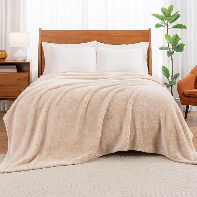 Berkshire Blanket Classic Extra-Fluffy™ Plush Blanket Queen Size, Soft Fuzzy Fluffy Long Hair Blanket for Couch Sofa Bed, Chino Khaki, 90x90 Inches