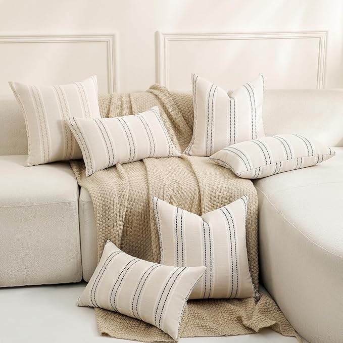 Hckot Throw Pillow Covers 24x24 Set of 2 Striped Pillow Covers Textured Linen Decorative Pillows Square Cushion Covers for Sofa Couch Bed Living Room Farmhouse Decor, Grey