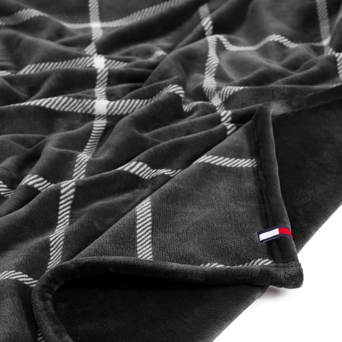 Tommy Hilfiger - Blanket, Ultra-Soft Plush Throw Blanket for Bed or Couch, Cozy Bedding with Solid Reverse & Tailored Hem, Medium Weight for Year Round Comfort (Dumbo Windowpane Grey, 50" x 70")
