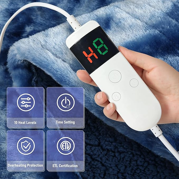 Electric Heated Blanket Throw 50''x60''Size Faux Fur Heating Blanket 10 Heating Settings, 1-8h Timer & Overheat Protection, Machine Washable, Soft Flannel and Sherpa Full Body Warmth