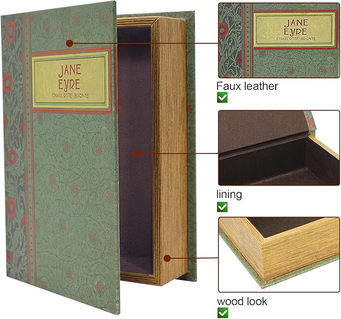 PACOLO Decorative Book Boxes, Faux Wood cover Storage for Hidden Jewelry, Money, and Cash (Jane Eyre)