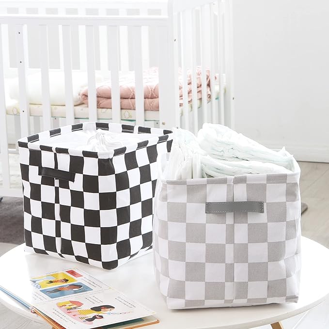 Hinwo 3-Pack Cubic Organizer Shelf Bins, Canvas Fabric Storage Baskets with Handles, 22L/5.8-Gal Square Storage Bins, Cubes, Collapsible Storage Box, 11 x 11 x 11 Inches (S, Black Checkerboard)