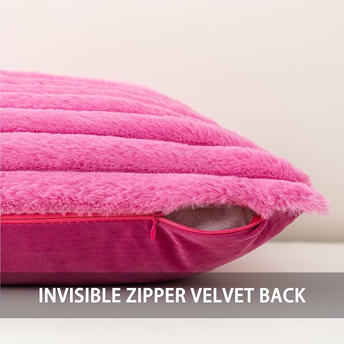 Aegero Pack of 2 Faux Fur Fall Throw Pillow Covers 24x24 Inch, Soft Plush Striped Neutral Couch Pillow Cover, with Velvet Back Modern Home Decor for Sofa Living Room Couch Bed Hot Pink