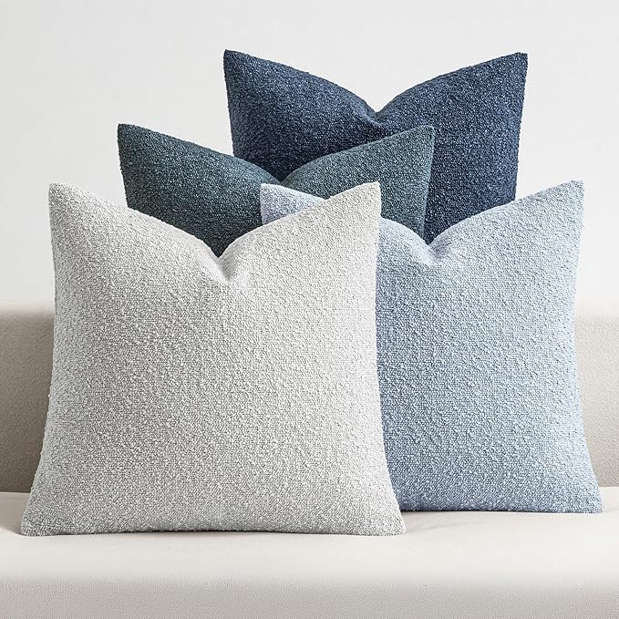 MIULEE Pack of 4 Decorative Textured Boucle Throw Pillow Covers 20x20 Inch Neutral Blue Accent Solid Pillow Cases Couch Cushion Covers for Modern Farmhouse Boho Bed Livingroom Home Decor