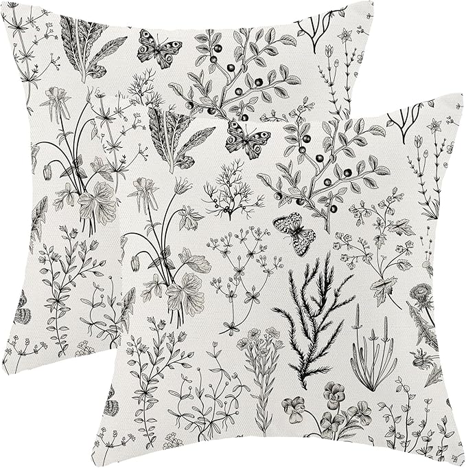 AEIOAE Spring Pillow Covers 24x24 Inch Set of 2,Black Gray Wild Flower Plant Throw Pillows Case,Seasonal Floral Outdoor Decorative Square Linen Farmhouse Decor Cushion Covers for Home Sofa Bed Couch