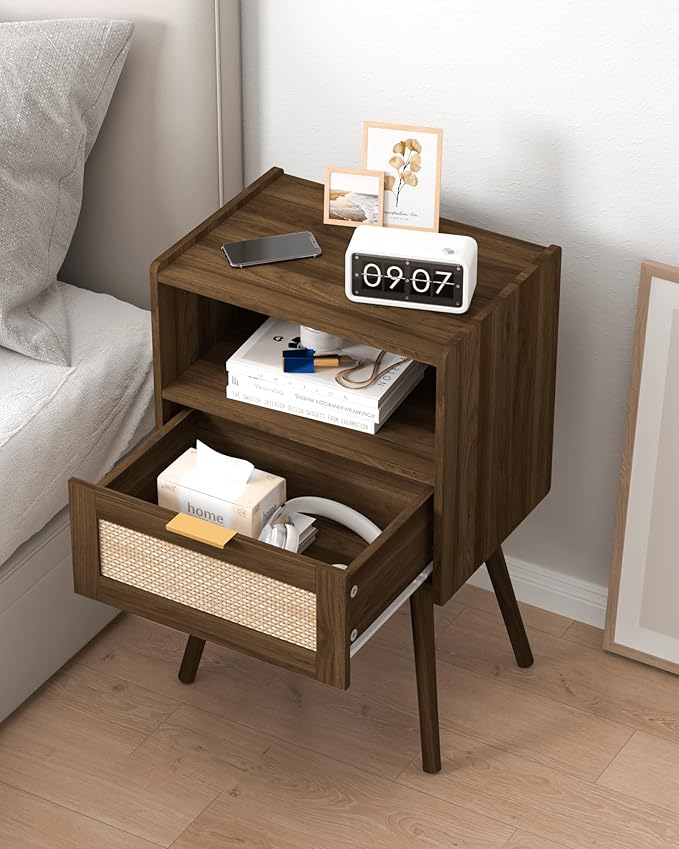 Nightstand,Modern Bedside Table with Storage Drawer and Open Wood Shelf, Accent Night Stand with Solid Wood Legs for Living Room, Bedroom and Small Spaces,Easy Assembly (Walnut Brown-Rattan)