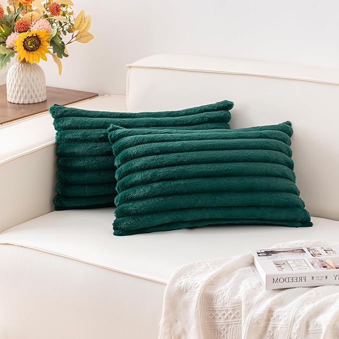 Aegero Pack of 2 Faux Fur Fall Throw Pillow Covers 12x20 Inch, Soft Plush Striped Neutral Couch Pillow Cover, with Velvet Back Modern Home Decor for Sofa Living Room Couch Bed Blackish Green