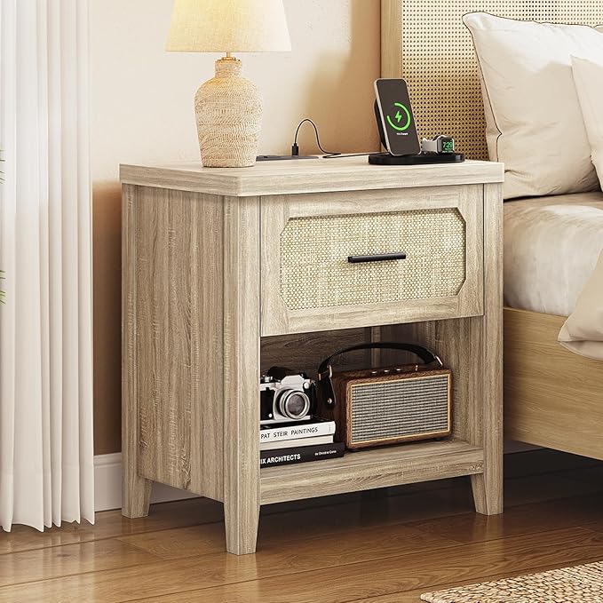 Rattan Nightstand with Charging Station, 22'' Wide Bedside Table with Drawer & Open Shelf, Boho Night Stand End Side Table with Storage for Bedroom, Grey Oak