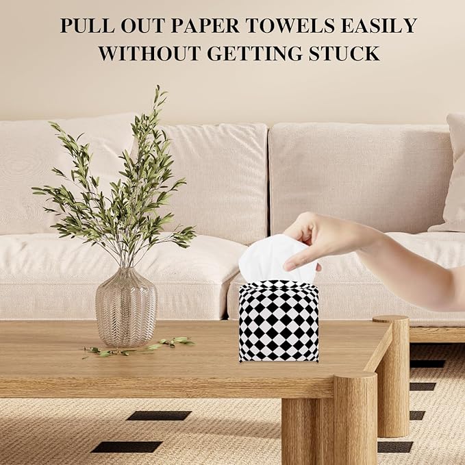 Black and White Checkerboard Tissue Box Cover, Modern Tissue Holder Square with Bottom Belt for Home Bathroom Office Car Nightstand Vanity Desk, Housewarming Gifts Ideas for Women Friends Mom -18