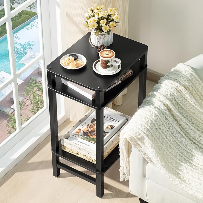 Side Table End Table Tall Night Stand 3-Tier 2 Pack for Living Room Bedroom Bathroom Office Furniture Black