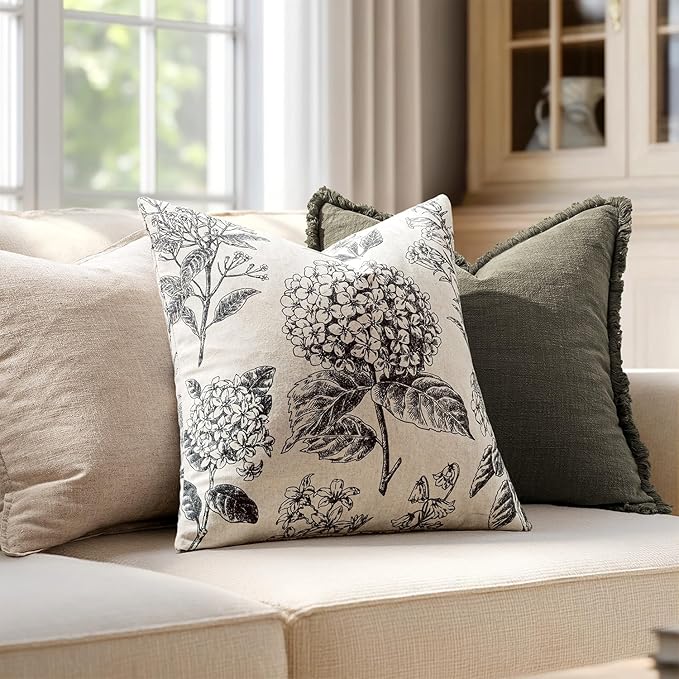 Set of 2 Decorative Floral Neutral Pillow Covers 22x22 Inch Black Hydrangea Print Spring Boho Vintage Throw Cushion Covers for Sofa Couch Porch Bedroom Living Room Summer Home Decor