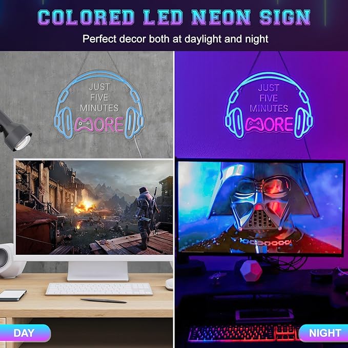 Gaming Neon Sign, Large Bright and Dimmable Colored LED Headset Gamer Neon Light and USB Powered Headphone Lightup Game Signs for Game Zone Video Room Boy Bedroom Wall Decor (Just Five Minutes More)