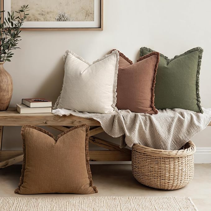 MIULEE Decorative Couch Pillow Covers Neutral Linen Fringe Throw Pillows Set of 4 Soft Rustic Cushions Boho Farmhouse Pillowcases for Bed Sofa Living Room Spring Decor 22x22 Inch Beige/Brown/Green