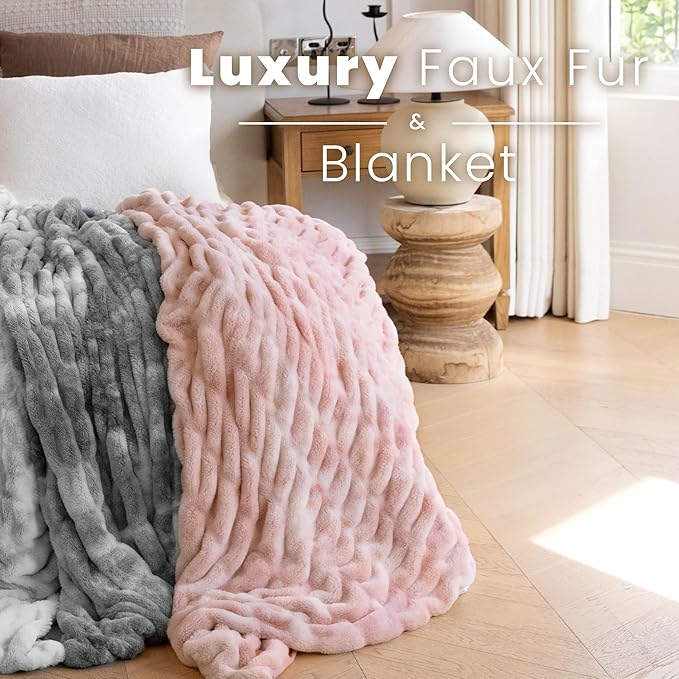 Ultra Soft Faux Rabbit Fur Throw Blanket, Cozy Fuzzy Blanket for Couch Bed, Plush Warm Decor Gifts, Luxury Thick Fluffy Blanket for Women, 60x80 inches, Tie-Dyed in Pink