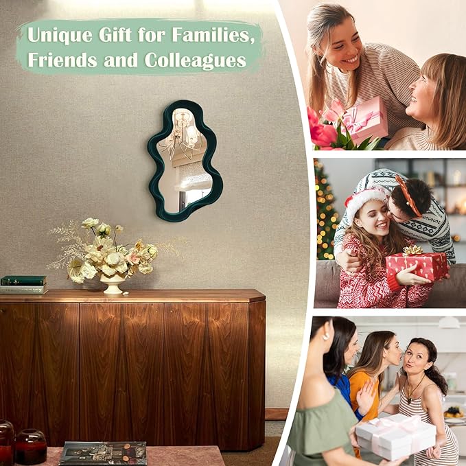 Emerald Green Wavy Wall Mirror Decor for Hallway Entryway, Irregular Cloud-Shaped Small Decorative Mirrors for Home Office Living Room, Modern Hanging Wall Art for Christmas Wedding Gift