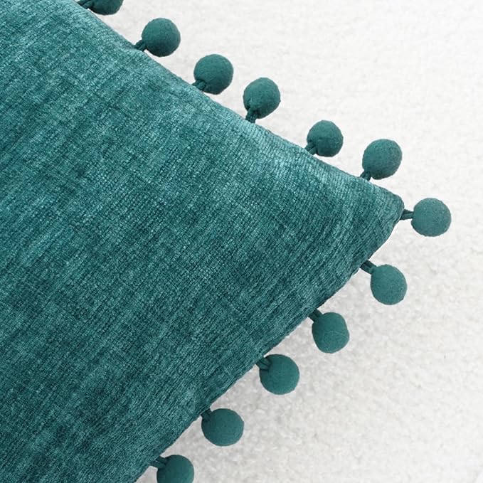 CaliTime Throw Pillow Covers Decorative 18 X 18 Inches Pack of 2 Cozy Solid Dyed Soft Chenille Cushion Cases with Pom Poms for Couch Sofa Bed Living Room Home Teal