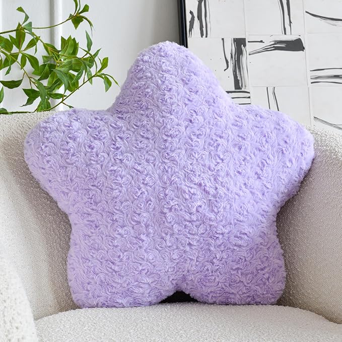 Star Pillow, 19.7" Star Shaped Plush Pillow for Couch Bed Sofa, Cute Decorative Throw Pillows with Soft Faux Fur Room Decor for Bedroom Living Room (Lavender)