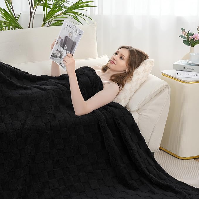 Zyrah Black Fleece Twin for Couch Super Soft Twin Blanket 3D Checkered Design Lightweight Decorative Fuzzy Cozy Blankets for Sofa Chair Bed 60x80 Inches
