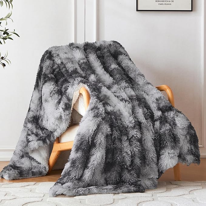 COOVA Ultra Soft Faux Fur Twin Blanket – Fuzzy Fluffy Cozy Microfiber Blankets, Warm Thick Plush Sherpa Fleece Throw Blanket for Couch,Bed,Sofa,Ideal Gift for Women.(Tie Dye Grey, 60"x80")
