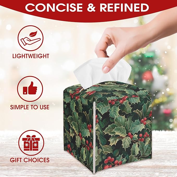 Holly Berries Christmas Tissue Box Cover Holder, Green Leather Tissue Box Cover Square, Xmas Gift Ideas for Family Friends, Bathroom Kitchen Car Office Home Table Decor(5.2 Inches)-B09