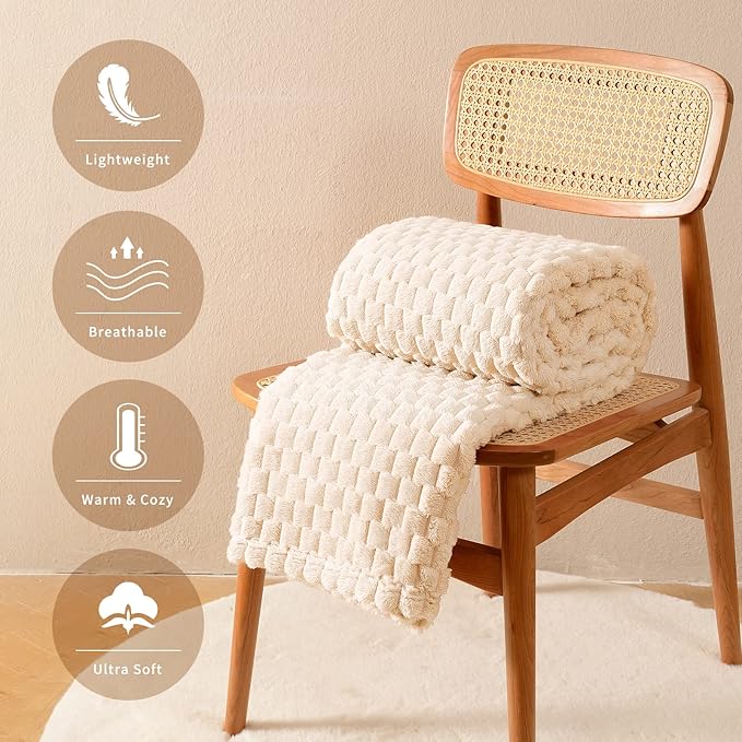 FY FIBER HOUSE Fleece Blanket Queen Size for Bed 300GSM Super Soft Plush Fuzzy Blankets and Throws for Sofa Couch Office, 90x90 Inches, Beige