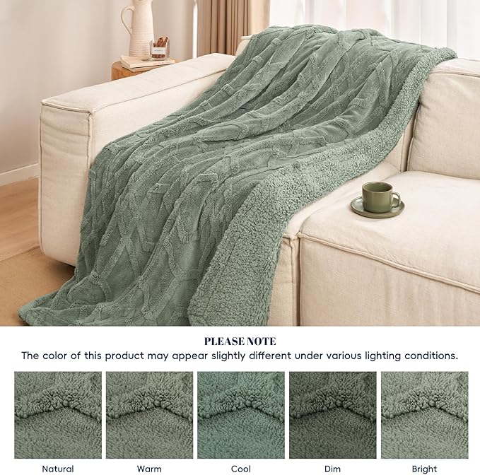 PHF Fluffy Sherpa Fleece Blanket Queen Size for Winter, Warm and Cozy, 510GSM 3D Tufted Shaggy Fleece Blanket for Sofa Bed, Sage Green, 90"x90"