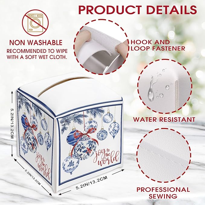 Christmas Balls Design Tissue Box Cover Holder, Blue White Leather Tissue Box Cover Square, Joy to The World Christmas Decor for Bathroom Kitchen Car Office, Porcelain Print(5.2 Inches)-B05