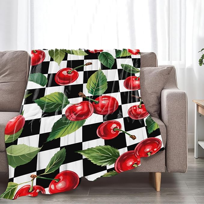 Cherry Blanket for Girls Women Adults Kids Soft Cozy Fleece Fruit Buffalo Plaid Preppy Gifts Throw Blankets Warm Flannel Plush Lightweight Decor for Couch Bed Sofa 50"X40"