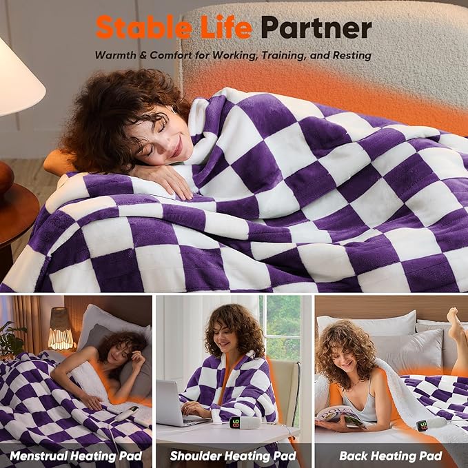 Heated Electric Blanket Throw, 50X60 Heating Blanket with 10 Heat Level & 8 Hours Auto Off for Lap, Deep Purple Checkered Plaid Soft Sherpa Blankets for Mom Grandma Women Couch
