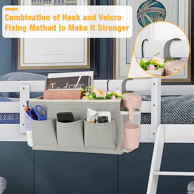 Bedside Storage Organizer with Fixed Straps and Water Bottle Holder for Home, College, Dorm, Bunk / Hospital Bed, Crib Bed Rails (Grey)