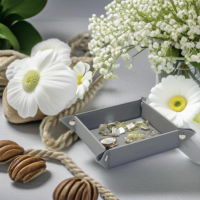 UnionBasic Small Valet Tray, Jewelry Tray for Rings Watches Earrings, Entryway Catchall Caddy for Coins Keys Change, Nightstand Bedside Valet Holder, Trays for Electronic Gadgets, Grey