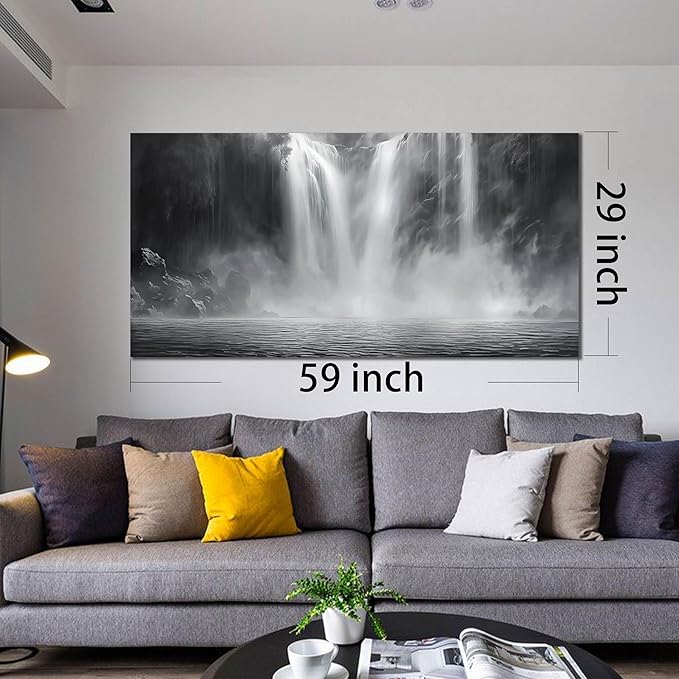 Waterfall Pictures for Living Room - Landscape Black and White Canvas Wall Art for Office - Large Abstract Bedroom Wall Decor Above Bed Size 29" x 59"