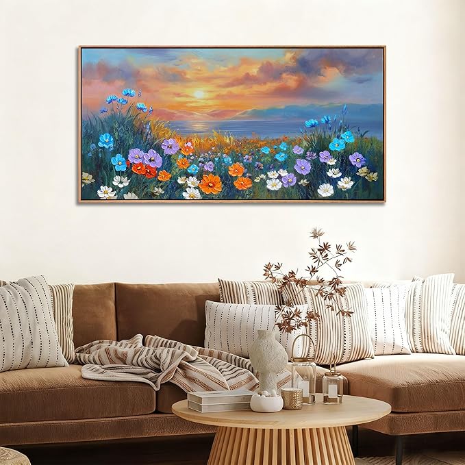 Ardemy Wildflower Wall Art for Living Room Large Framed Floral Canvas Pictures, Bedroom Wall Decor Sunset Paintings Flower Textured Artwork for Walls Dining Room Home Office 58"x29"