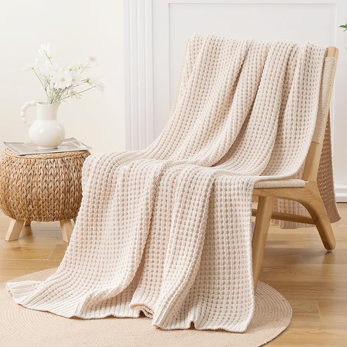 Bunnikins & Clover Cream White Throw Blanket for Couch, Waffle Ivory Throw Blanket for Bed, Warm Decorative White Blanket Throw for Home Decor, 50"x60"