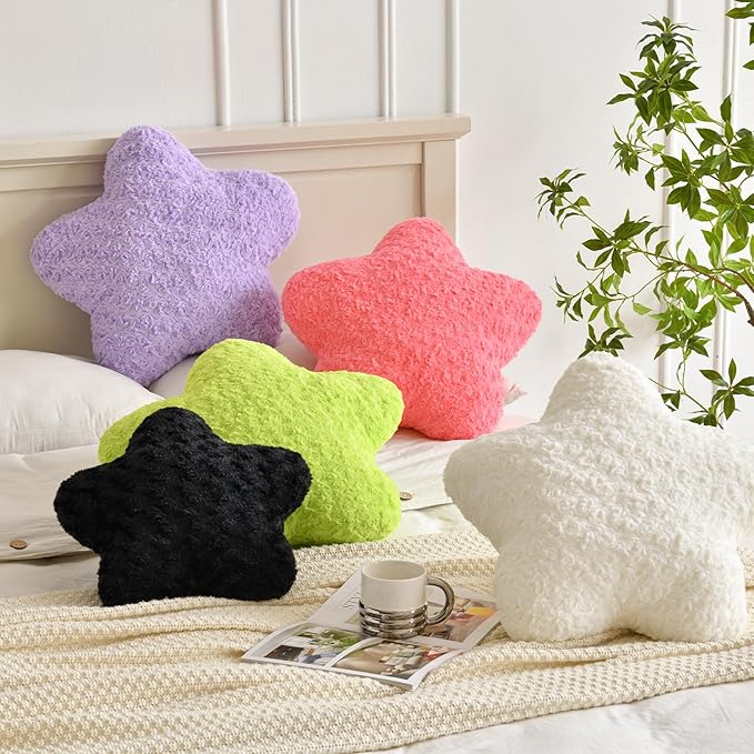 Star Pillow, 14.9" Star Shaped Plush Pillow for Couch Bed Sofa, Cute Decorative Throw Pillows with Soft Faux Fur Room Decor for Bedroom Living Room (Rose Pink)