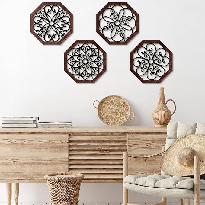4 Pieces Thicken Rustic Wood Wall Decor Modern Farmhouse Wall Art Decor Wooden Hollow Carved Design Rustic Art for Living Room Bedroom Office Kitchen (Classic Style)