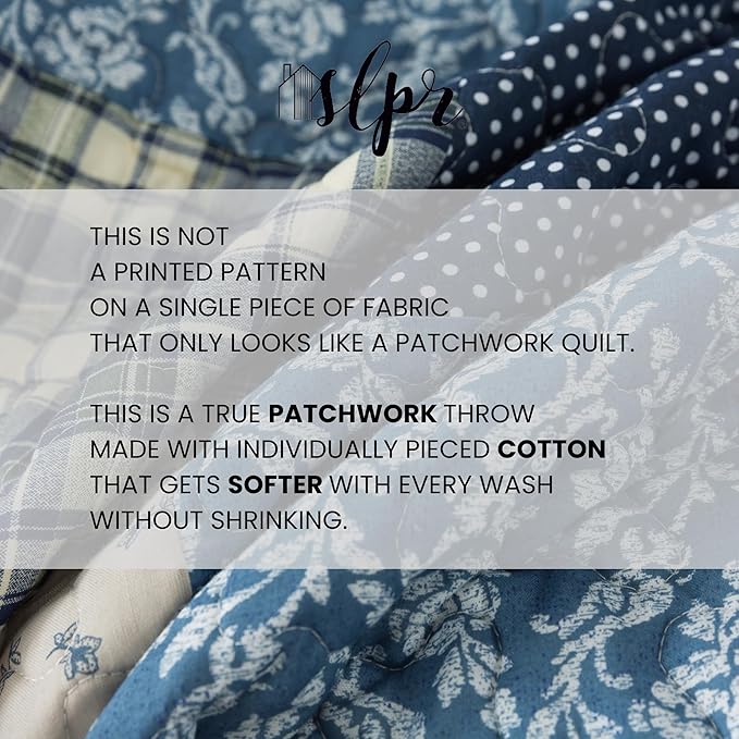 SLPR Cotton Quilted Throw Blanket, 50" x 60" Floral Farmhouse Patchwork Quilt, Shabby Chic Patchwork Throw Lap Quilt for Couch, Blue Symphony