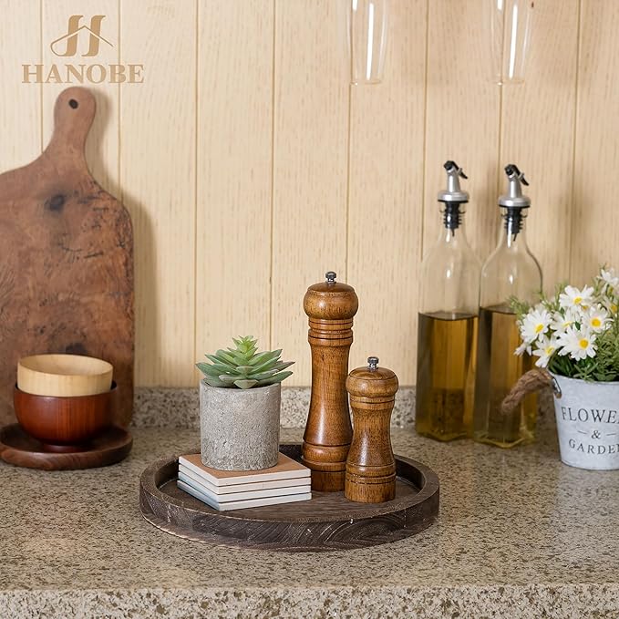 Hanobe Candle Plate Holder Tray: Decorative Wooden Tray Rustic Round Plate Farmhouse Centerpiece Small Candle Holder Trays for Coffee Table Living Room Kitchen Vintage Home Decor