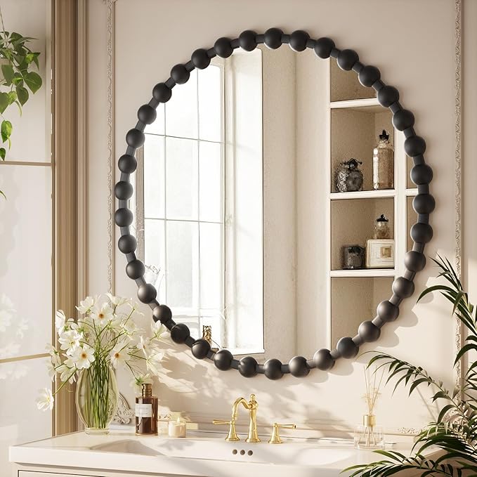 Round Mirror for Wall, 32 Inch Black Beaded Frame Decorative Vanity Mirror, Circle Bathroom Mirror with High-Definition Lense, Modern Wall Decor for Bathroom, Living Room, Bedroom, Entryway