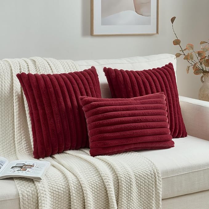 FUTEI Burgundy Decorative Throw Pillow Covers Set of 2, 12x20 Inch Soft Fluffy Faux Fur Plush Striped Lumbar Pillowcases, Modern Home Decor for Couch Bed Living Room