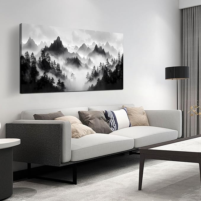 Forest Canvas Wall Art for Office - Black and White Landscape Pictures for Living Room - Mountain Wall Decor for Bedroom Men Size 24" x 48"