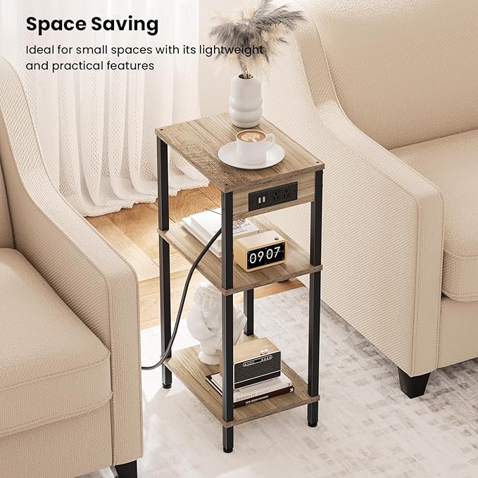 Tall End Table with Charging Station and USB Ports, 3 Tier Narrow Tall Bedside Table with Storage, Slim Nightstand with Outlets for Bedroom, Living Room, Office, Greige