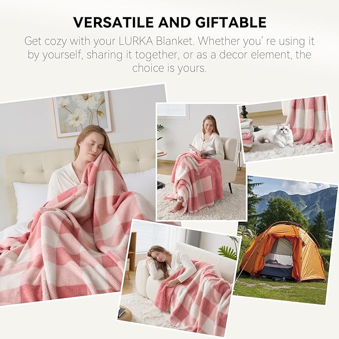 LURKA Checkered Sherpa Fleece Throw Blanket – Soft and Cozy, Medium Weight for All Season, Plush Throw for Couch, Bed & Pets, Powder Pink, 50x60 Inches