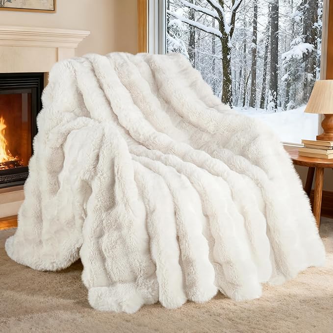 Exclusivo Mezcla Faux Fur Twin Size Blanket for Bed, Luxury Reversible 3D Rabbit Bubble Fuzzy Thick Sherpa Blankets for Winter, Plush Fleece Warm Cozy Bed Throw, 60x80 Inches, White